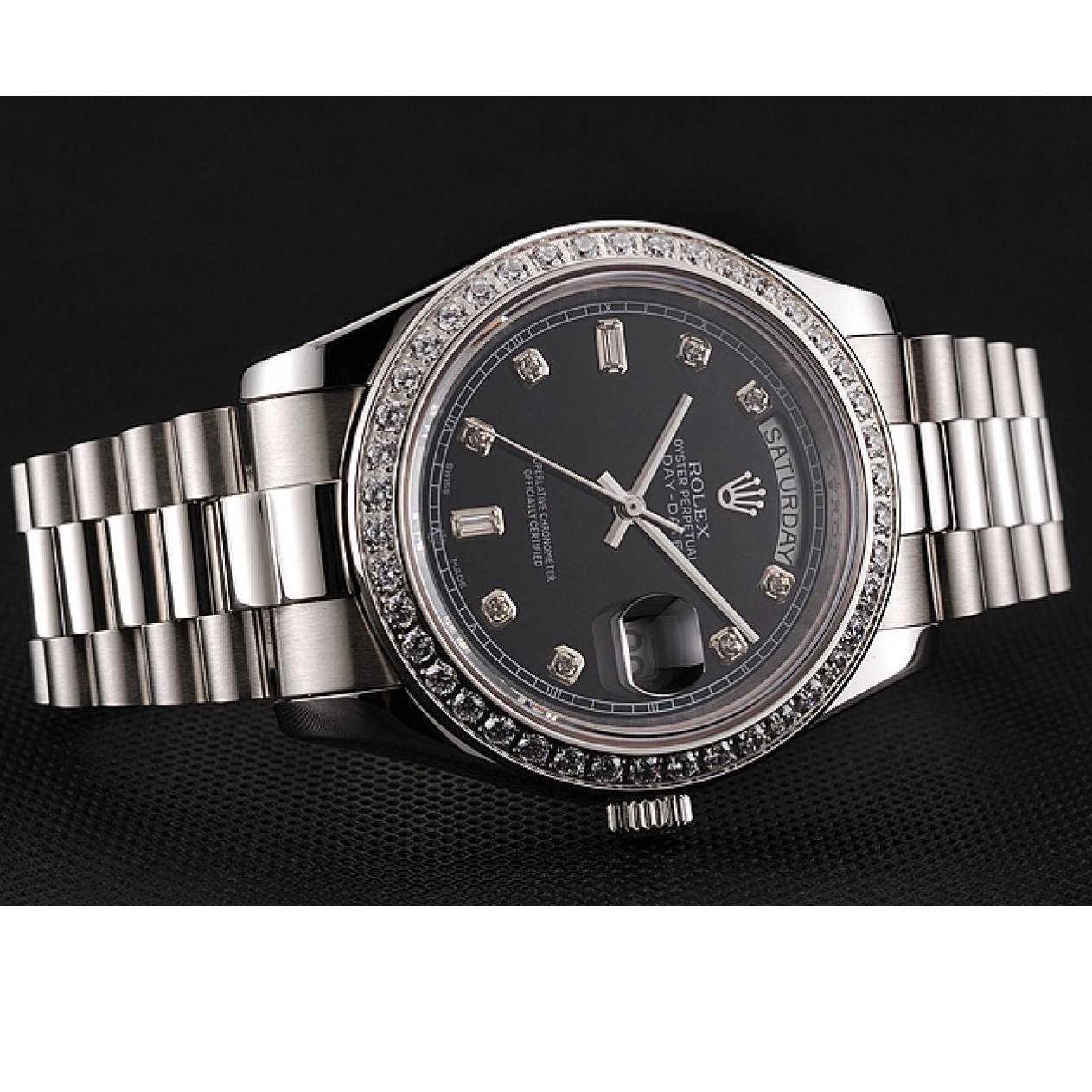 MiroTime 0810 Swiss Rolex Day-Date Black Dial Diamond Case Diamond Numerals Stainless Steel Bracelet 1453966
